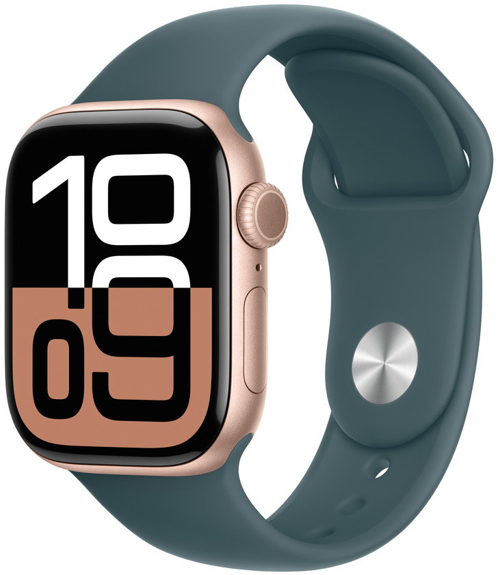 Apple Watch Series mit goldenem Gehäuse, tealfarbenem Armband und schwarzem Bildschirm mit 10:09.