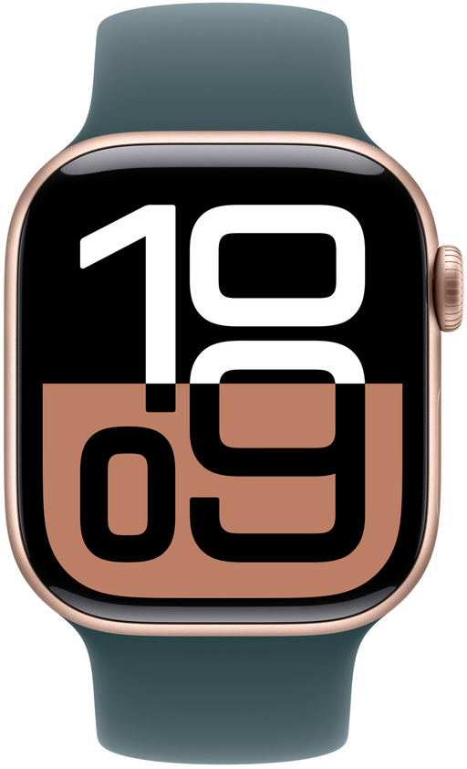Apple Watch mit dunkelgrünem Armband, zeigt die Uhrzeit und ein zweifarbiges Ziffernblatt.