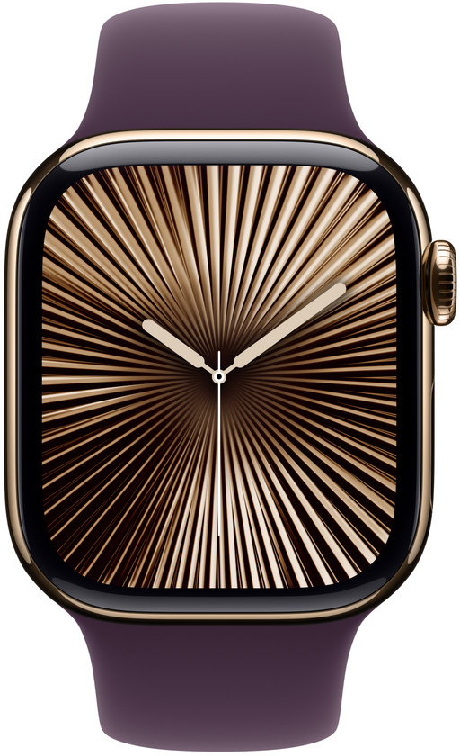 Eine Apple Watch mit goldenem Gehäuse und lila Armband, die ein Sonnensymbol-Zifferblatt zeigt.