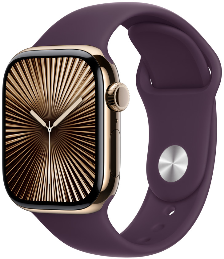 Eine goldene Apple Watch mit einem goldenen Armband. Die Uhr zeigt ein goldenes Sonnenstrahlendesign.