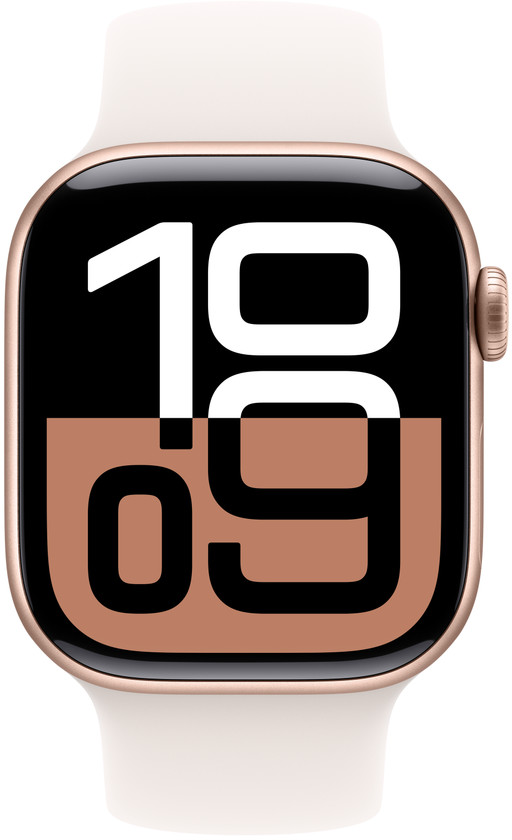 Roségoldene Apple Watch mit schwarzem Bildschirm, der die Uhrzeit anzeigt. Die Uhrzeit ist 10:09.