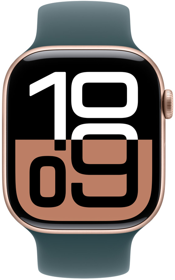 Apple Watch Series mit teal-farbenem Armband und Zifferblatt mit der Uhrzeit 10:09.