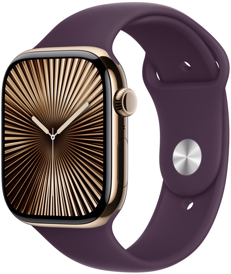 Eine goldfarbene Apple Watch mit einem dunkelvioletten Armband. Das Zifferblatt zeigt ein goldenes, radiales Muster.