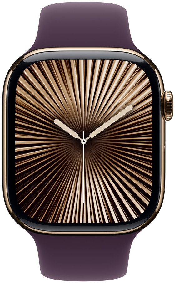 Eine Apple Watch mit goldfarbenem Zifferblatt und lila Armband.