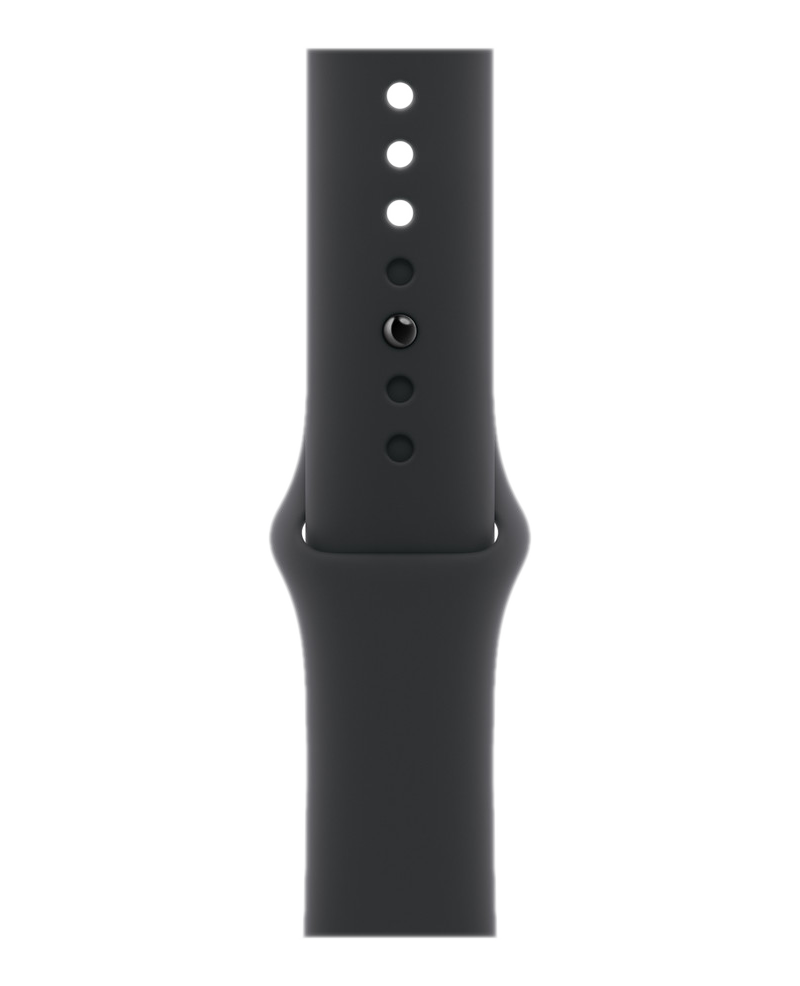 Nahaufnahme eines schwarzen Uhrenarmbands mit Löchern. Schwarzer Hintergrund.