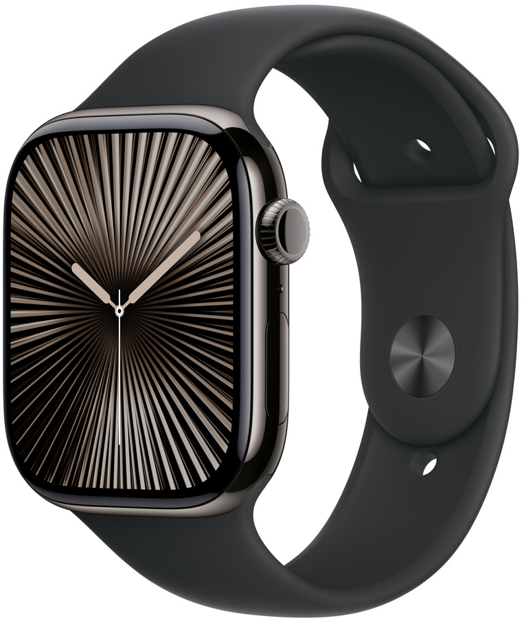 Apple Watch mit schwarzem Edelstahlgehäuse und schwarzem Sportarmband.
