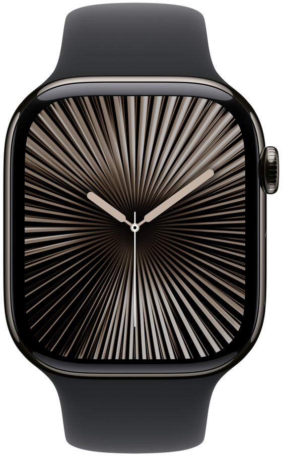 Nahaufnahme einer schwarzen Apple Watch mit einem schwarzen und goldenen Zifferblatt.