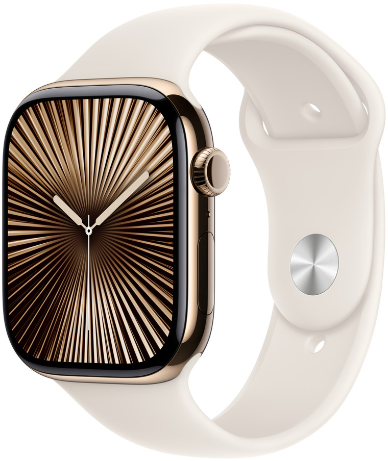 Eine Apple Watch mit goldenem Zifferblatt und weißem Armband.