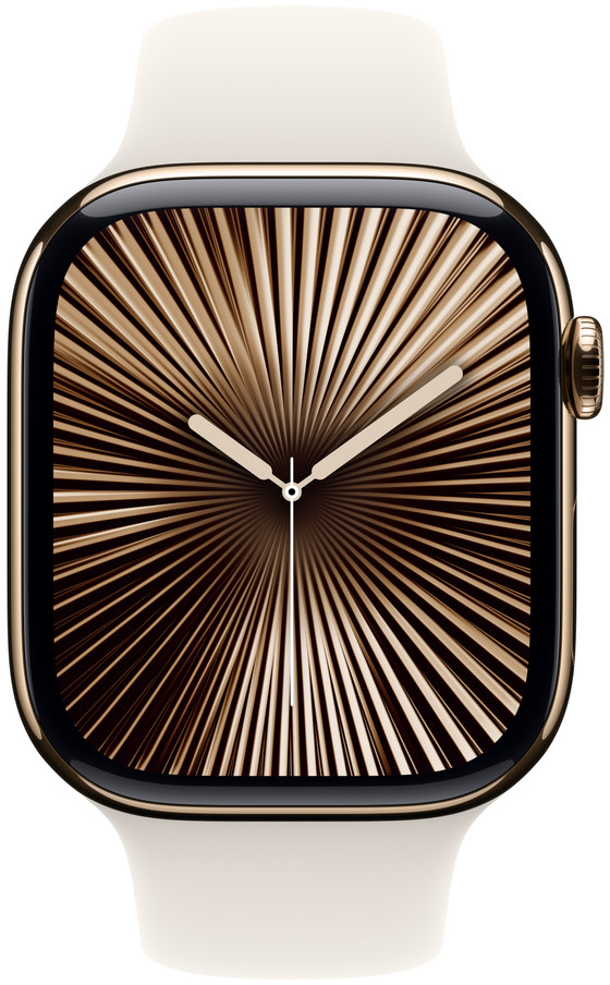 Nahaufnahme einer goldenen Smartwatch mit weißem Armband. Das Zifferblatt zeigt Strahlenlinien.
