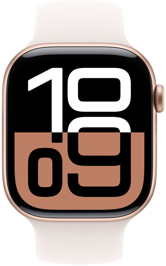 Smartwatch mit Anzeige 10:09 auf schwarzem und braunem Hintergrund, mit weißem Armband.