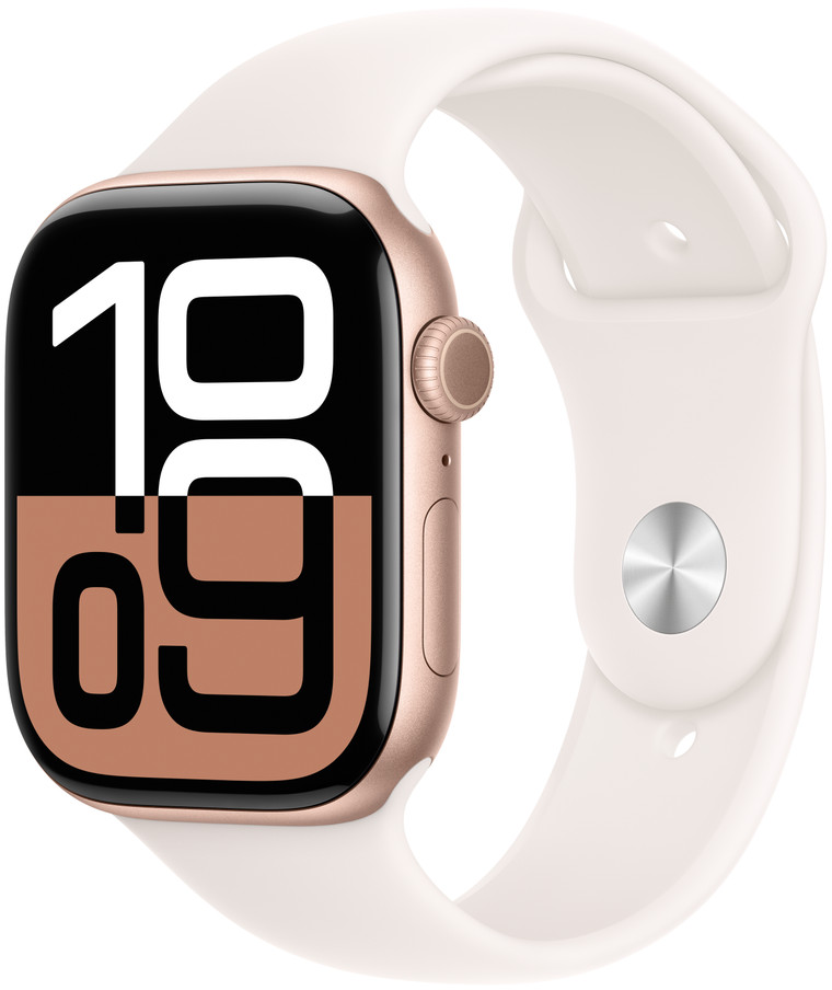 Goldene Apple Watch mit weißem Armband, zeigt digitale Zeit, auf weißem Hintergrund. Die Uhr ist abgewinkelt.