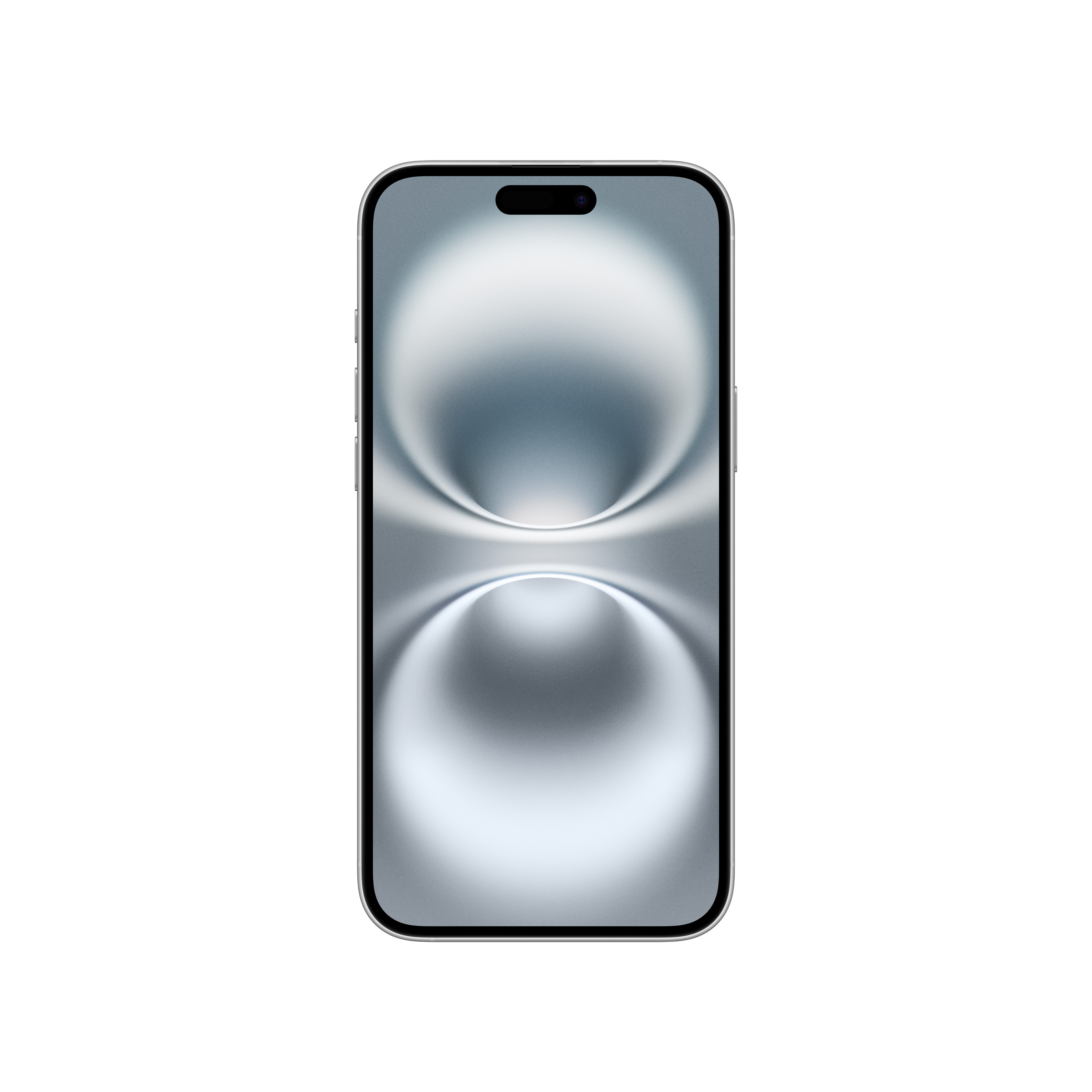 Gümüş çerçeveli ve açık mavi, soyut bir arka plana sahip bir iPhone.