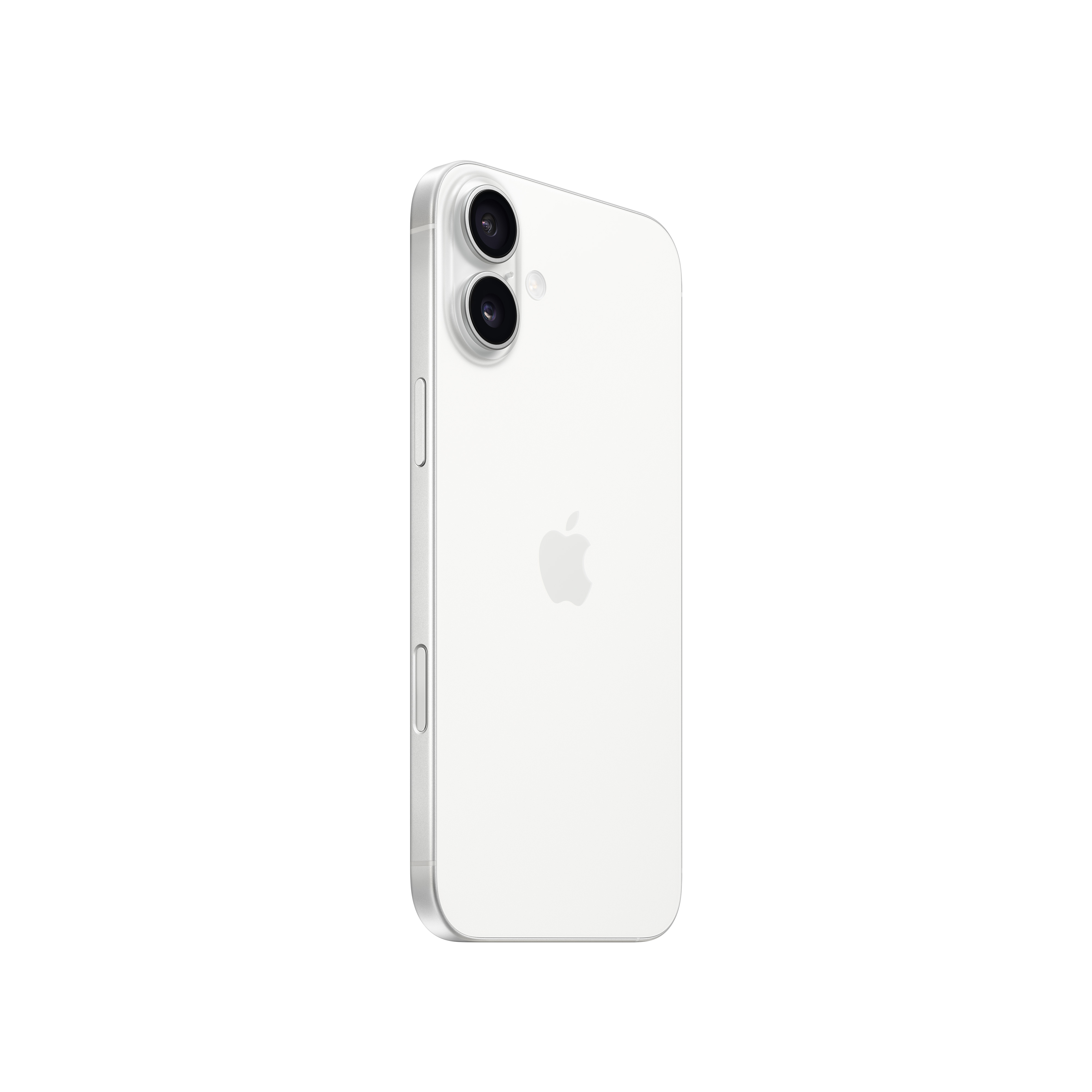 Arkada iki kamerası olan beyaz iPhone, yandan görülüyor. Apple logosu görünür.