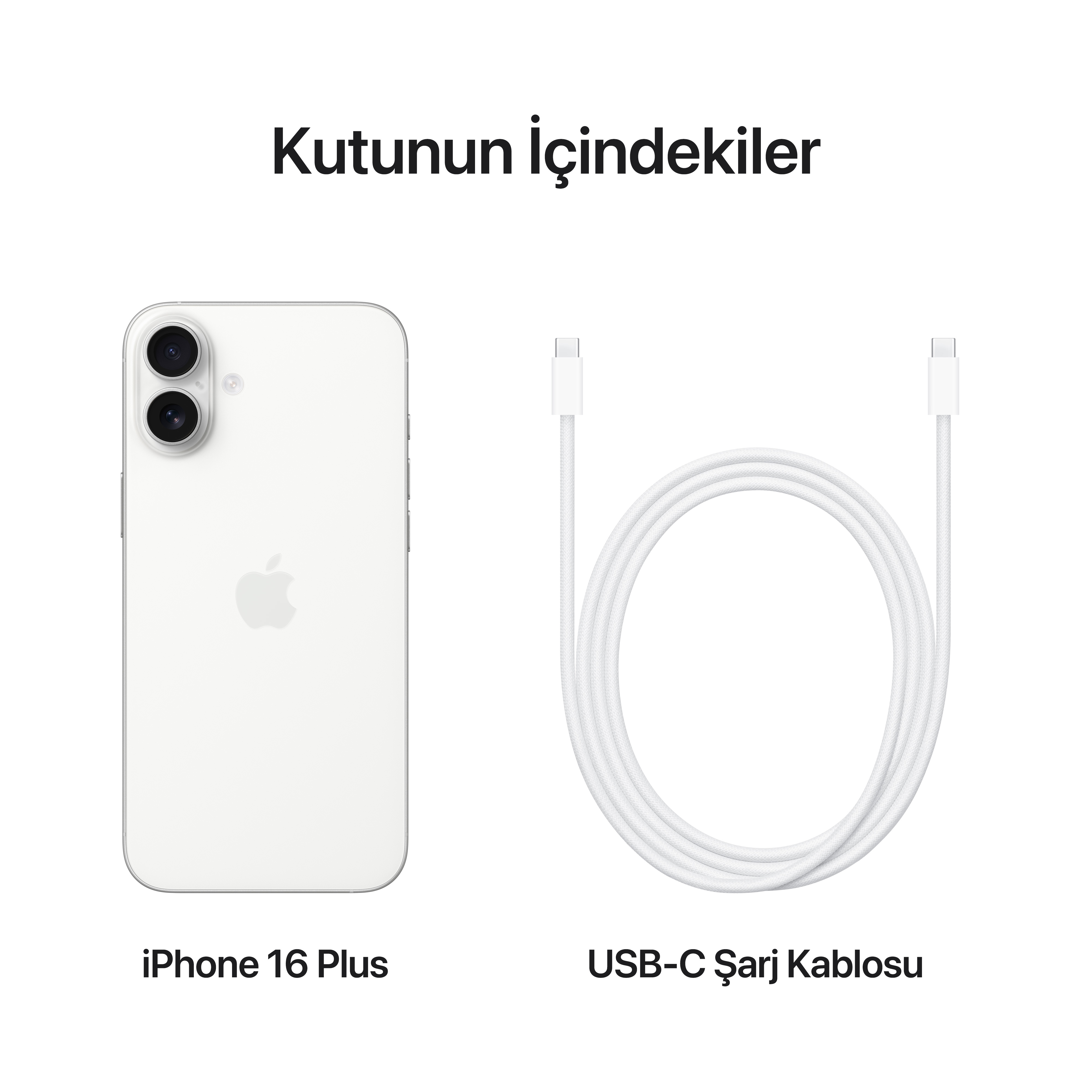 Beyaz iPhone 16 Plus ve beyaz bir USB-C şarj kablosu, beyaz bir arka plan üzerinde, yan yana.