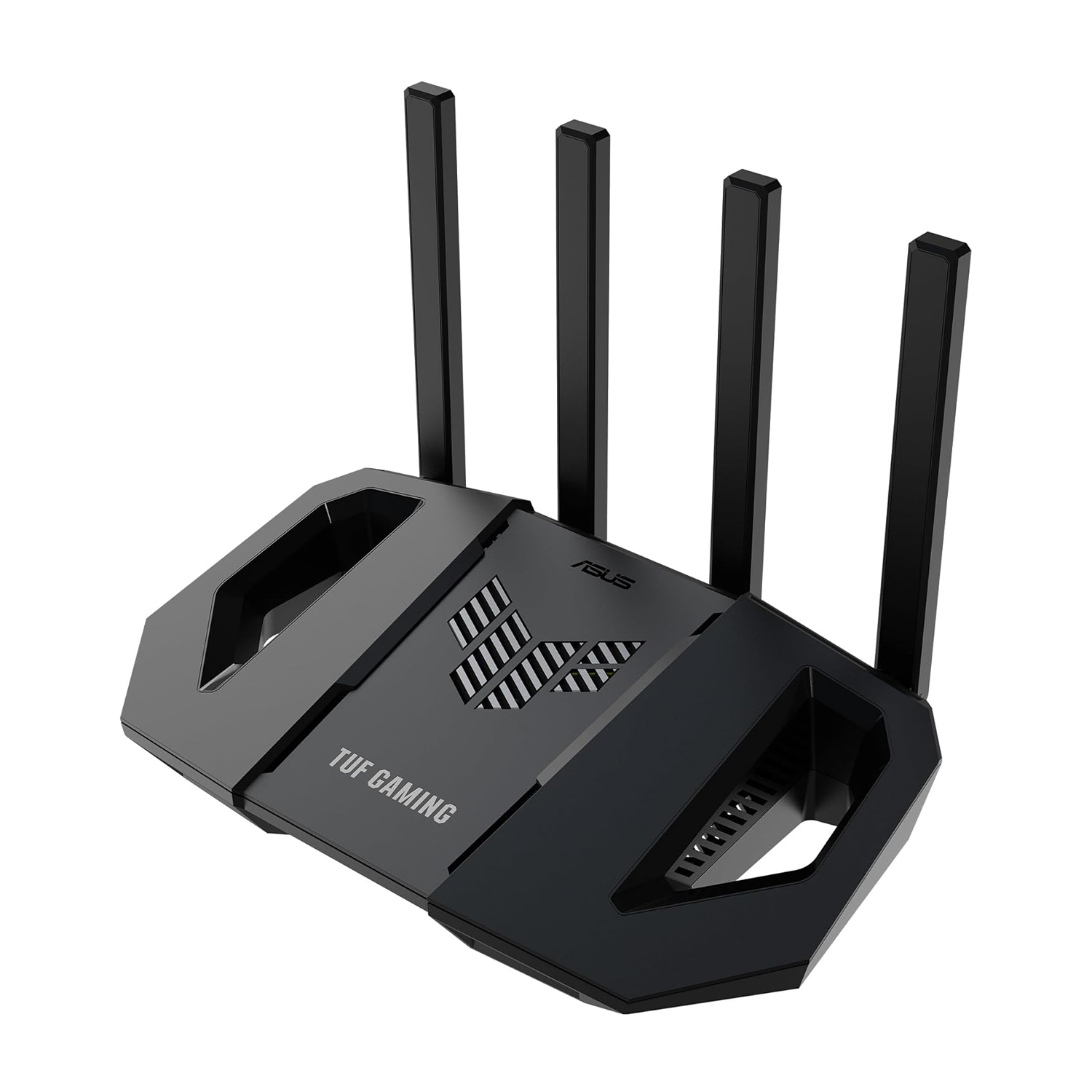 Un router Wi-Fi ASUS TUF Gaming nero con antenne. Il router ha un design futuristico.