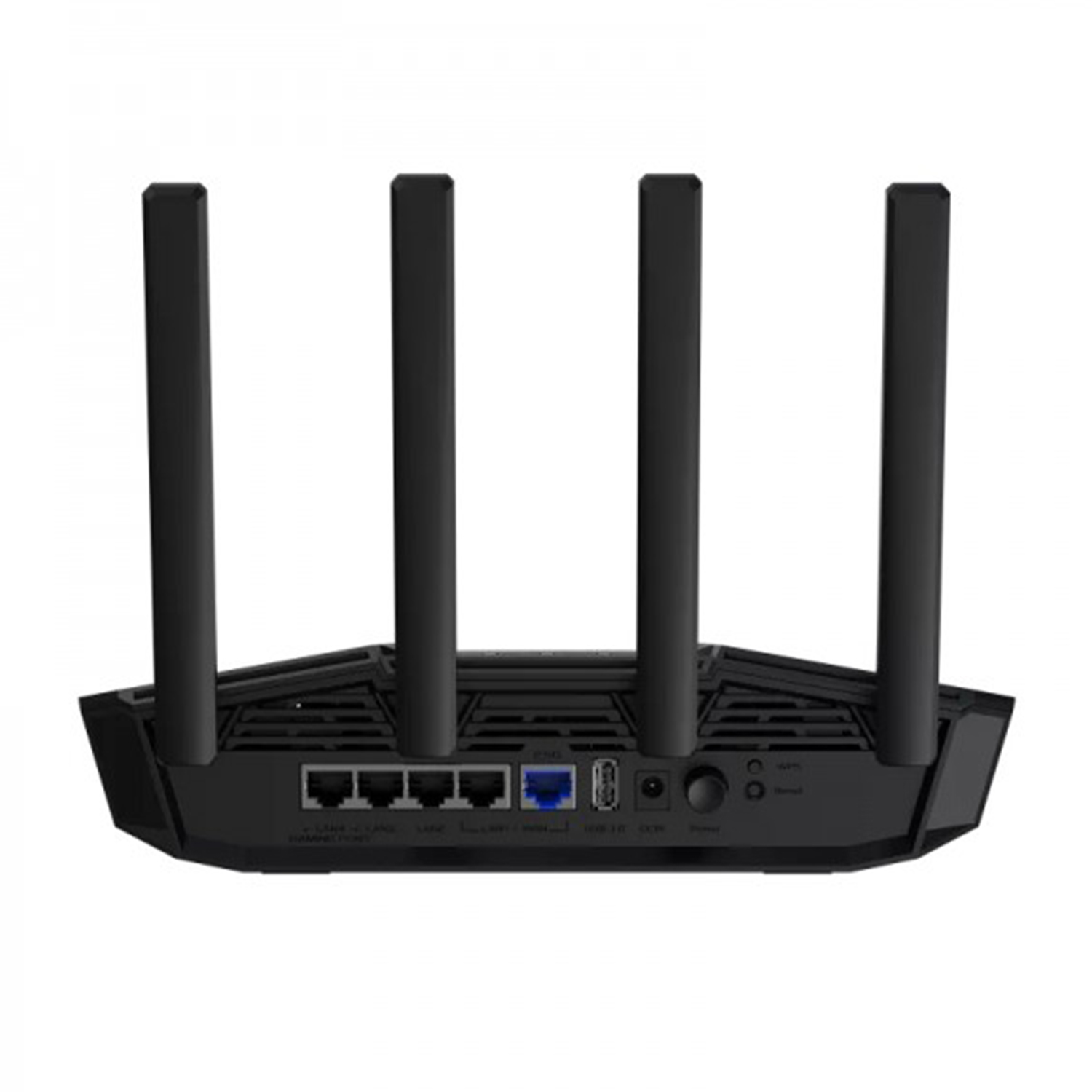 Un router nero con quattro antenne. Il retro del router ha porte e pulsanti.