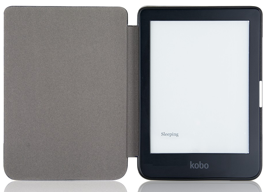 Kobo e-olvasó szürke tokban, a képernyőn a 'Sleeping' szóval.