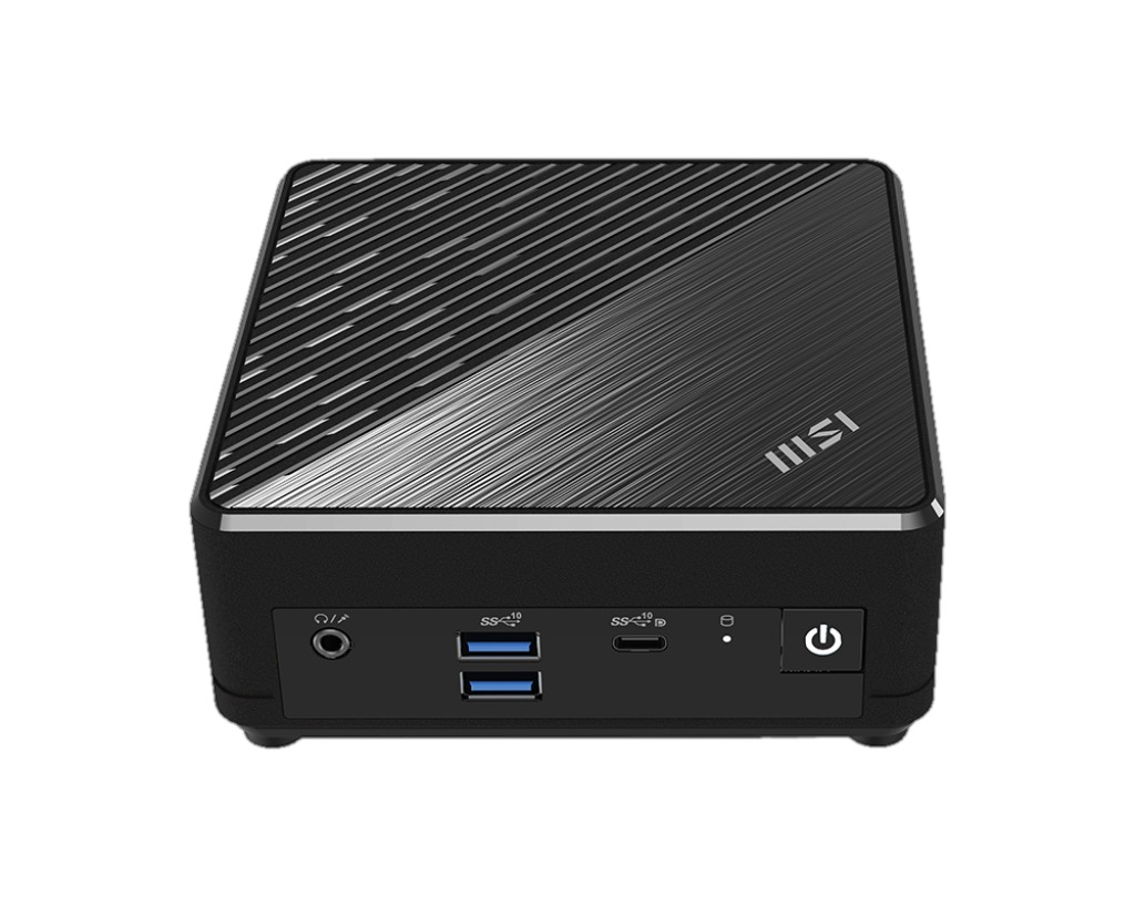 Een zwarte MSI Cubi mini-pc met een voorpaneel met audio-aansluitingen, USB-poorten en een aan/uit-knop.