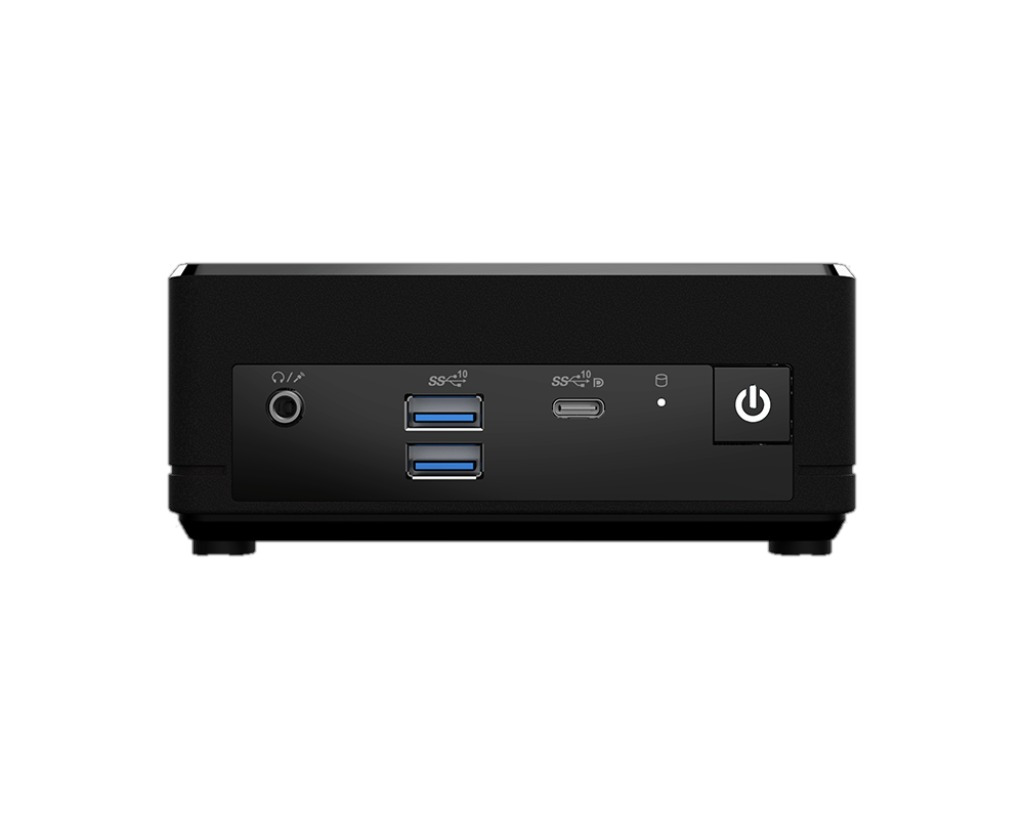Een kleine zwarte computer met poorten aan de achterkant, waaronder USB en een aan/uit-knop.