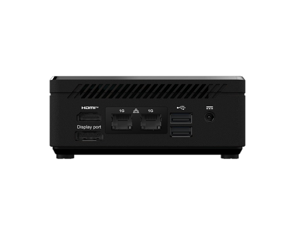 Zwarte mini-computer met HDMI, displaypoort, Ethernet, USB-poorten en een stroomingang.