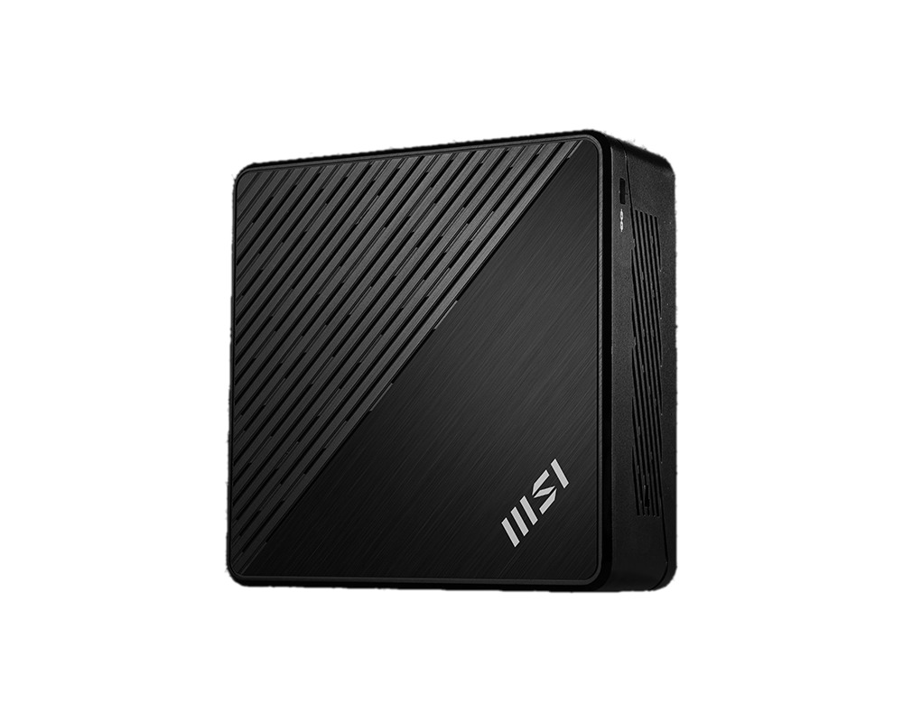 Een zwarte MSI small form factor pc. De voorkant heeft een diagonale lijn en het MSI-logo.