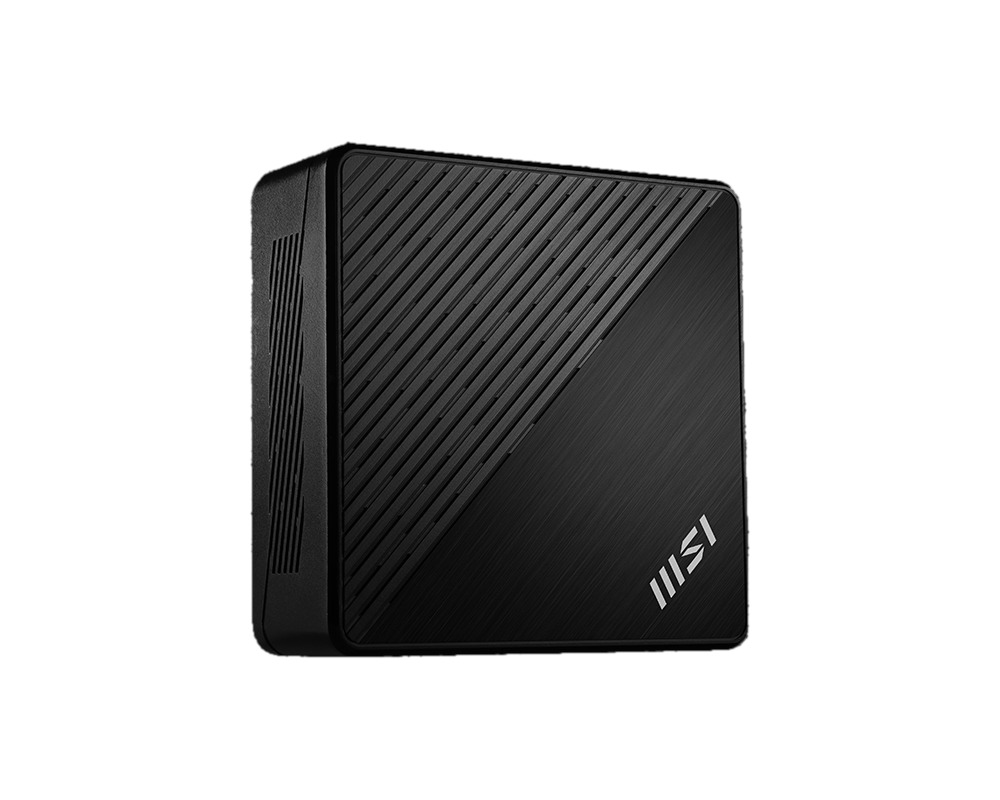 Zwarte MSI mini-pc met diagonale strepen, witte achtergrond.