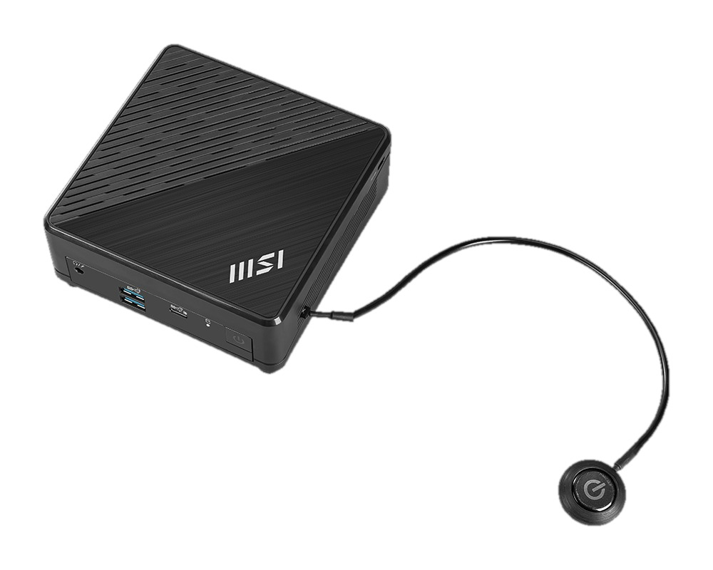 Zwarte computer met aan/uit-knop. De knop is via een zwarte kabel verbonden met de computer.
