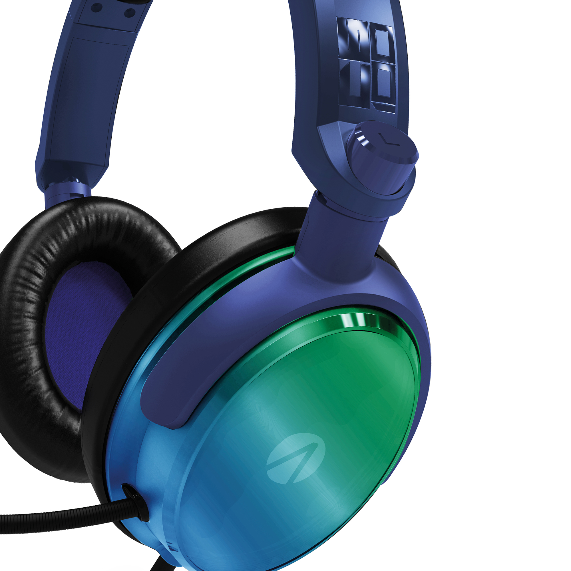 Ein Paar blau-grüne Kopfhörer. Die Ohrmuscheln und das Verbindungsband sind blau.