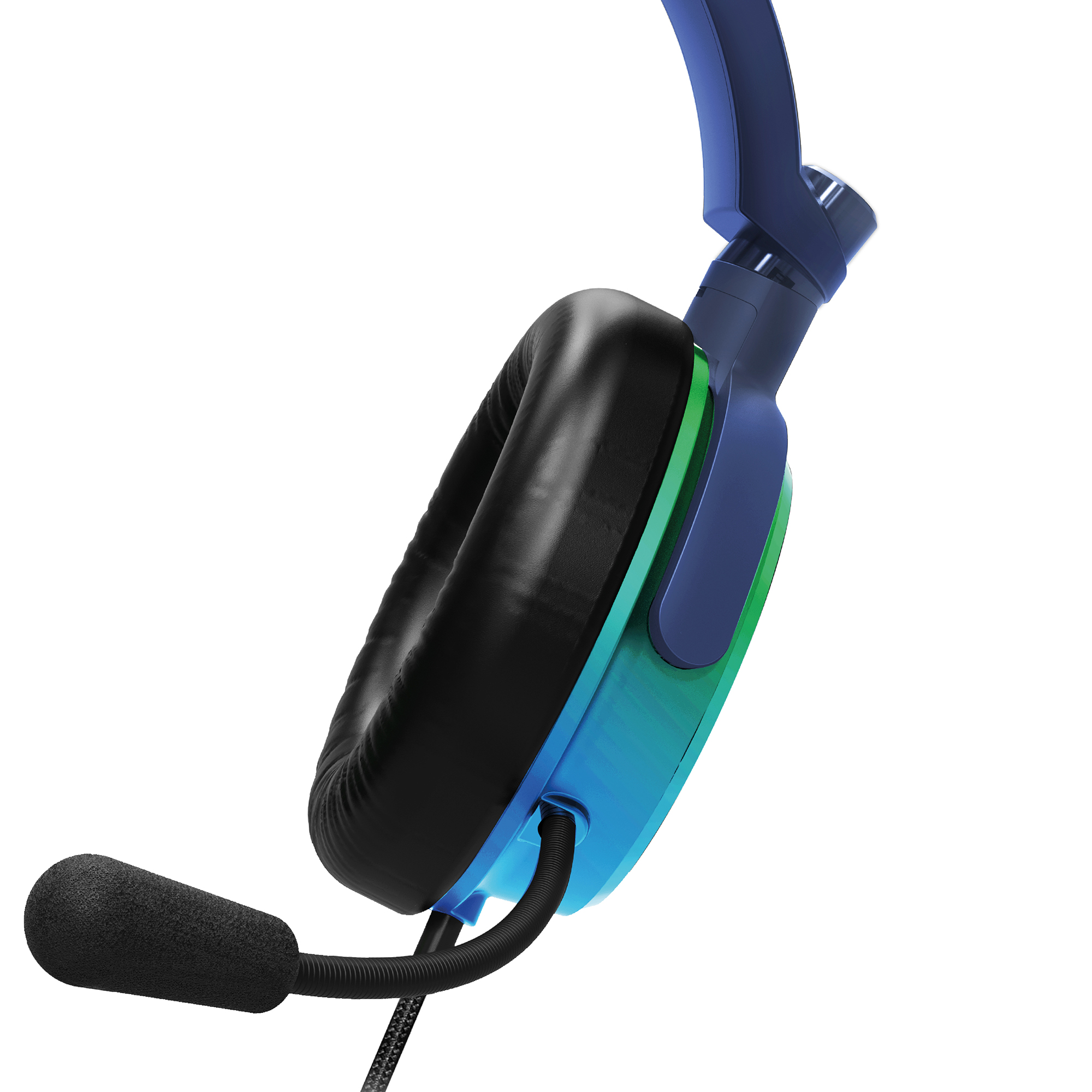 Ein blau-grünes Headset mit schwarzem Mikrofon und Polster. Weißer Hintergrund, Winkelansicht.