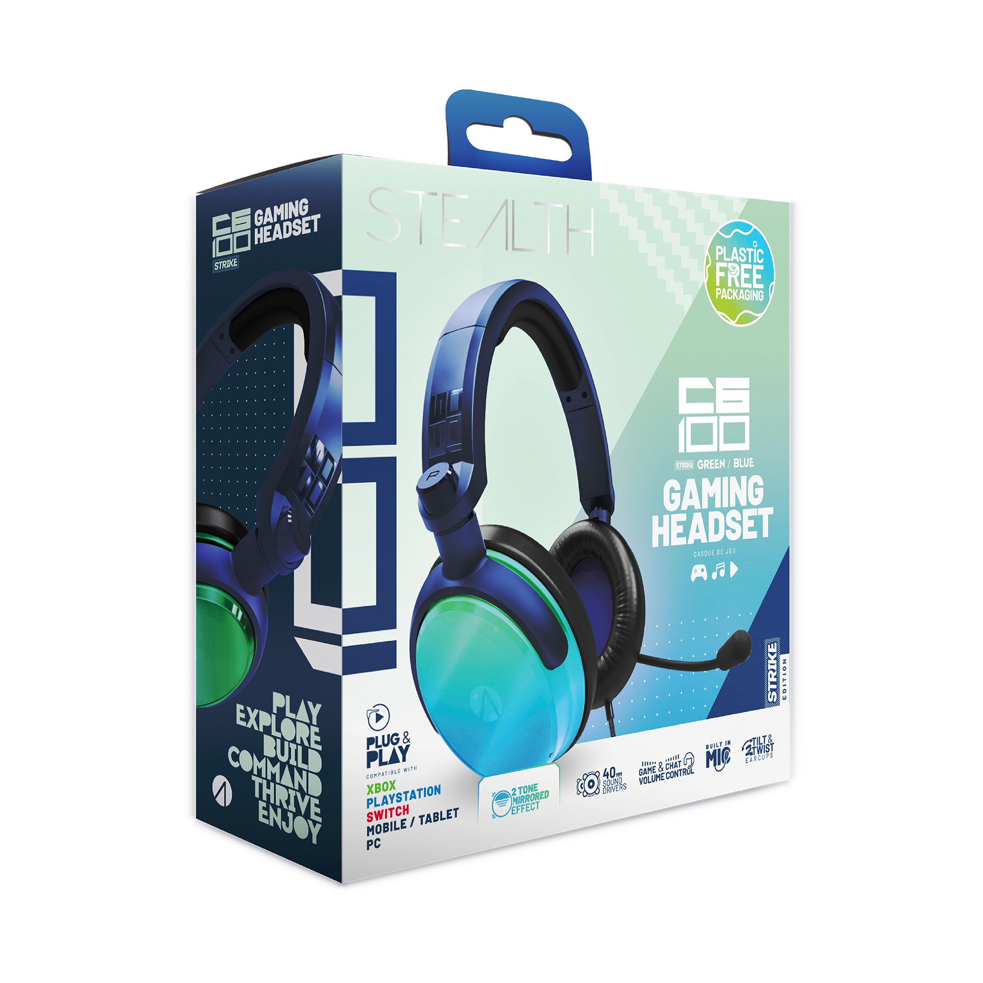 Gaming-Headset-Box mit blauen und grünen Details, einem Headset und Text über Funktionen.