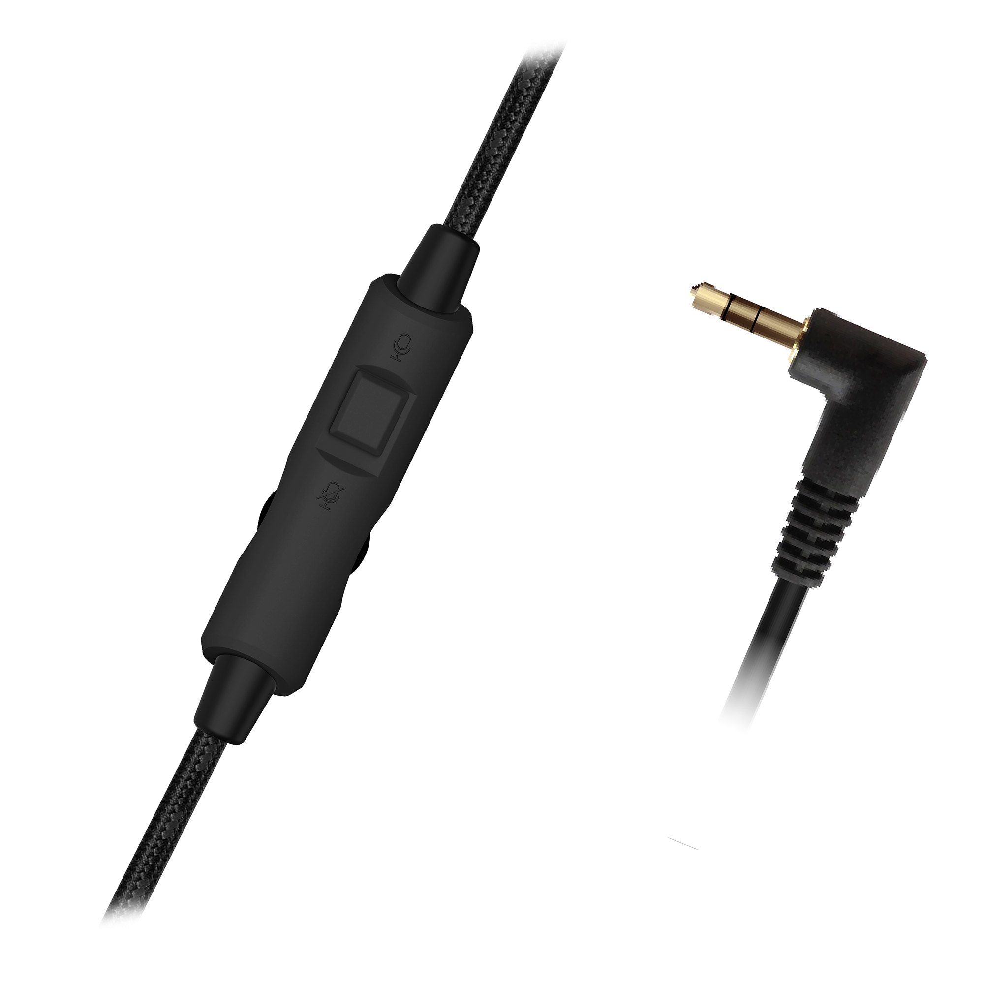 Ein schwarzes Audiokabel mit einem Steuermodul und einem abgewinkelten 3,5-mm-Klinkenstecker.