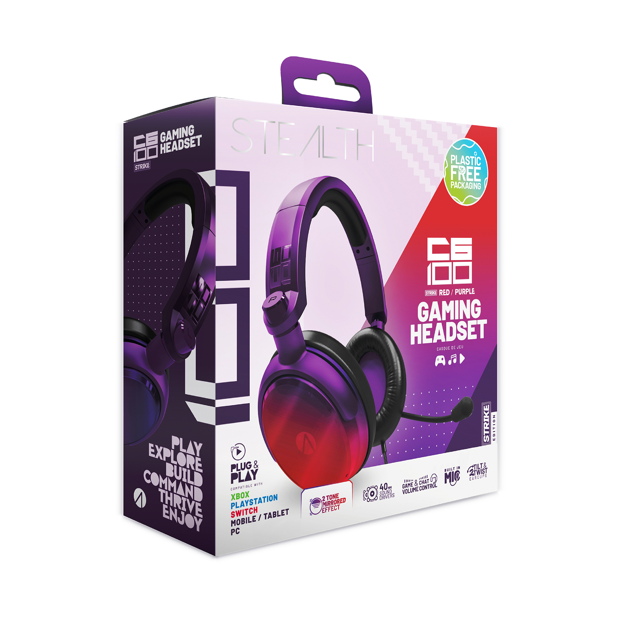 Gaming-Headset-Box: lila Kopfhörer, Text und Grafiken.