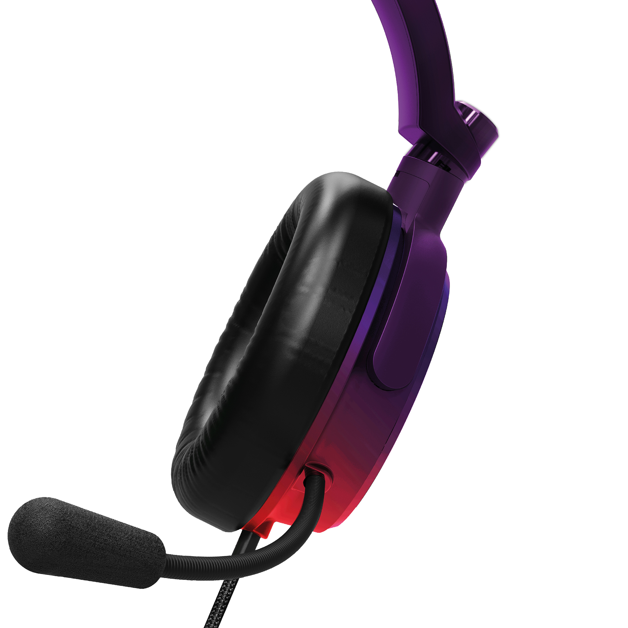 Schwarzes Headset mit Mikrofon. Die Ohrmuschel ist schwarz mit rot/violetten Akzenten. Weißer Hintergrund.