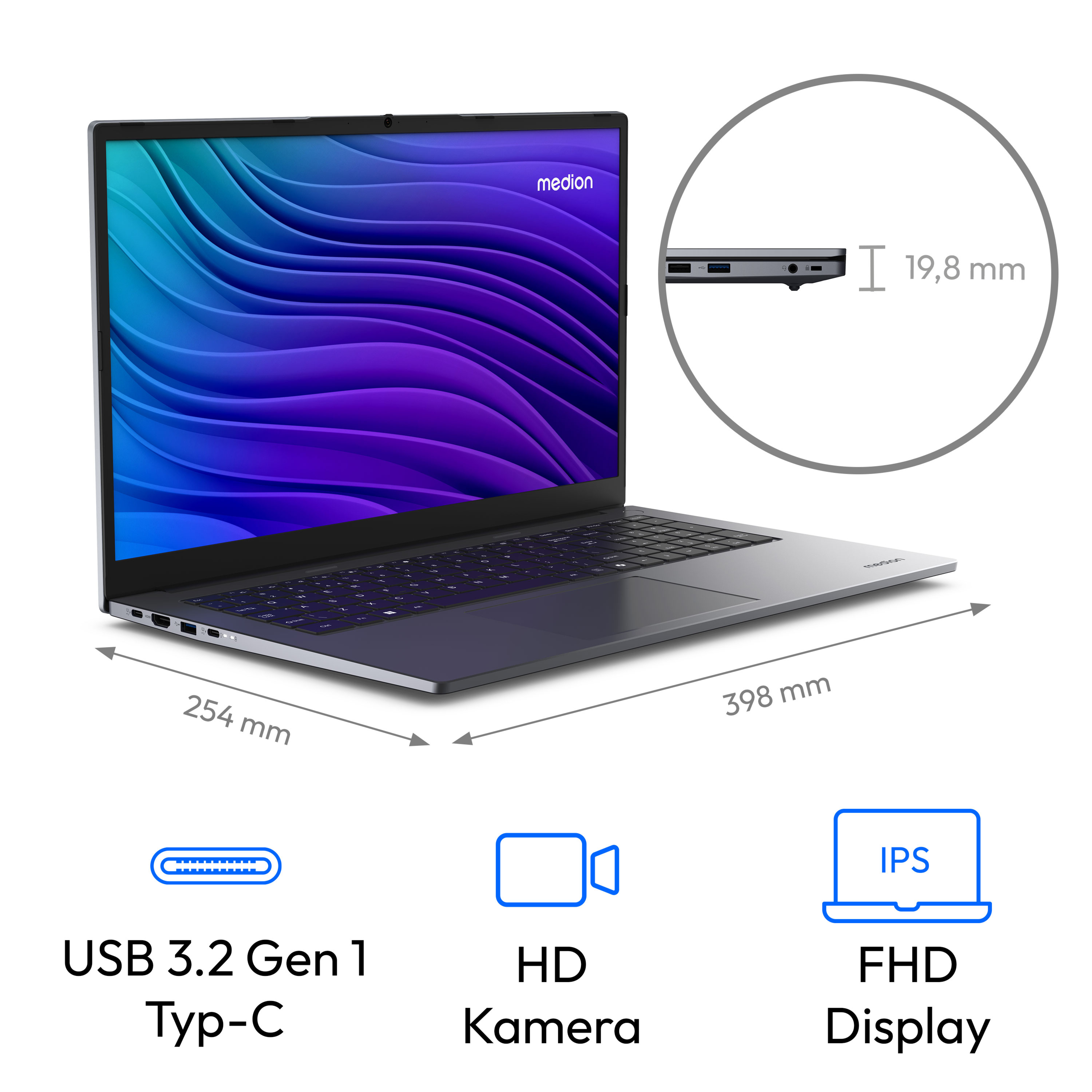 Ein Laptop mit dunkelgrauem Gehäuse und einem Bildschirm, der ein abstraktes Design in Lila und Blau anzeigt.