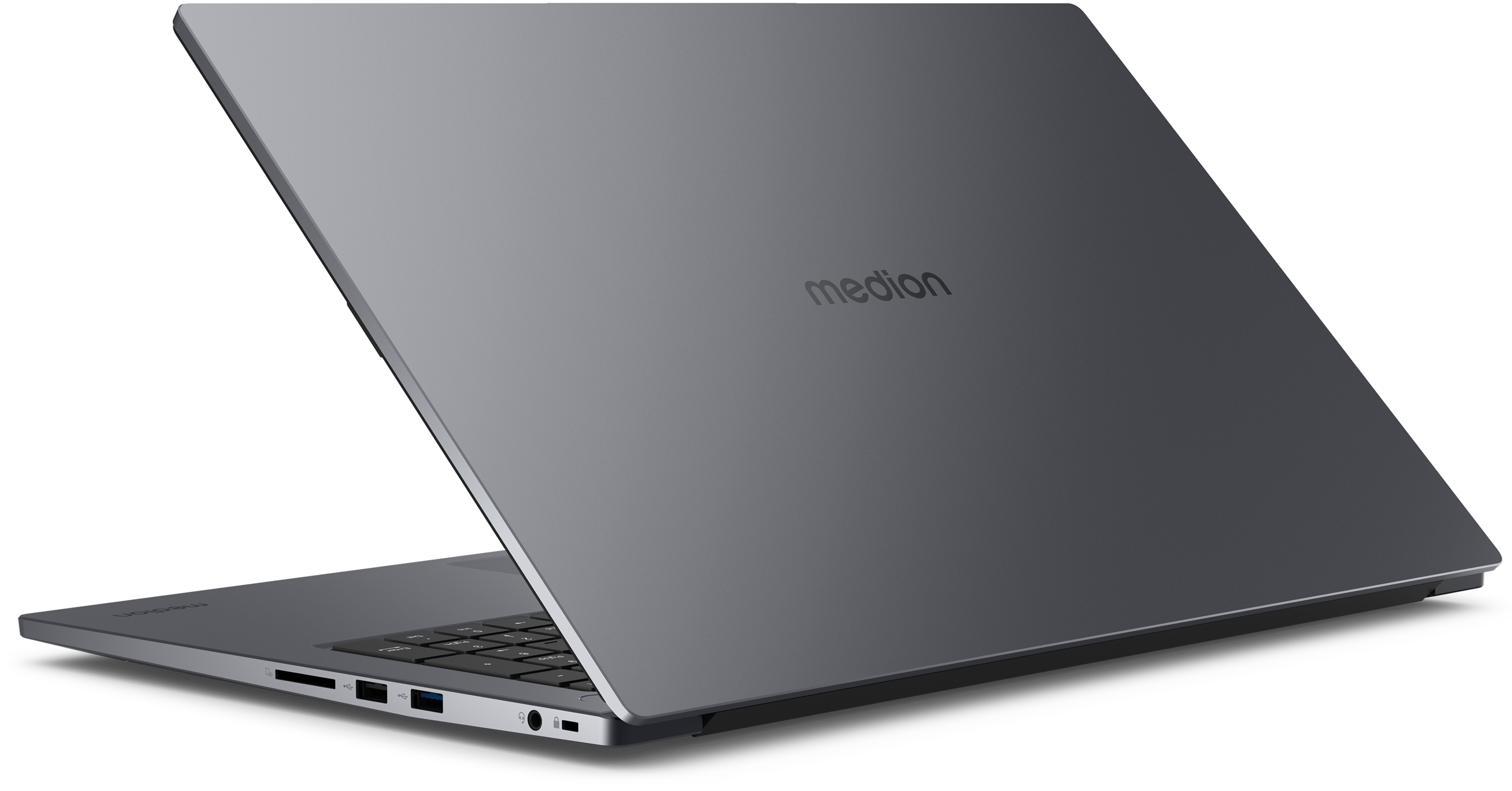 Grauer Medion-Laptop geöffnet, zeigt die Tastatur, Anschlüsse und das Medion-Logo.