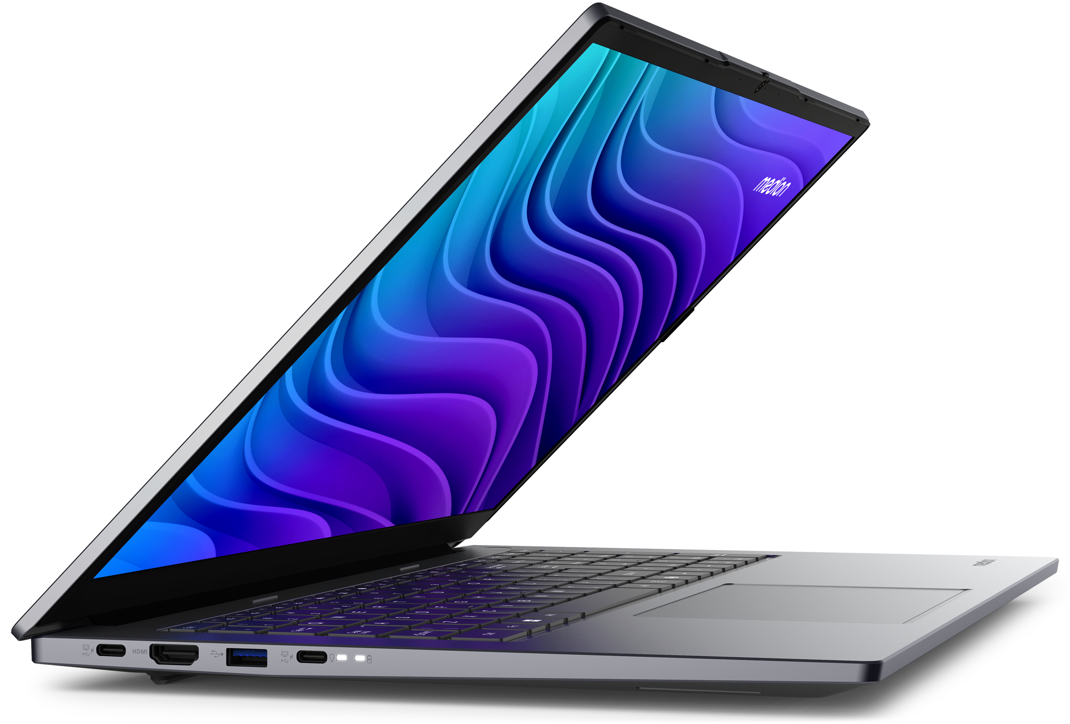 Ein silberner Laptop mit farbenfrohem Bildschirm, der ein blau-lila Wellendesign zeigt.