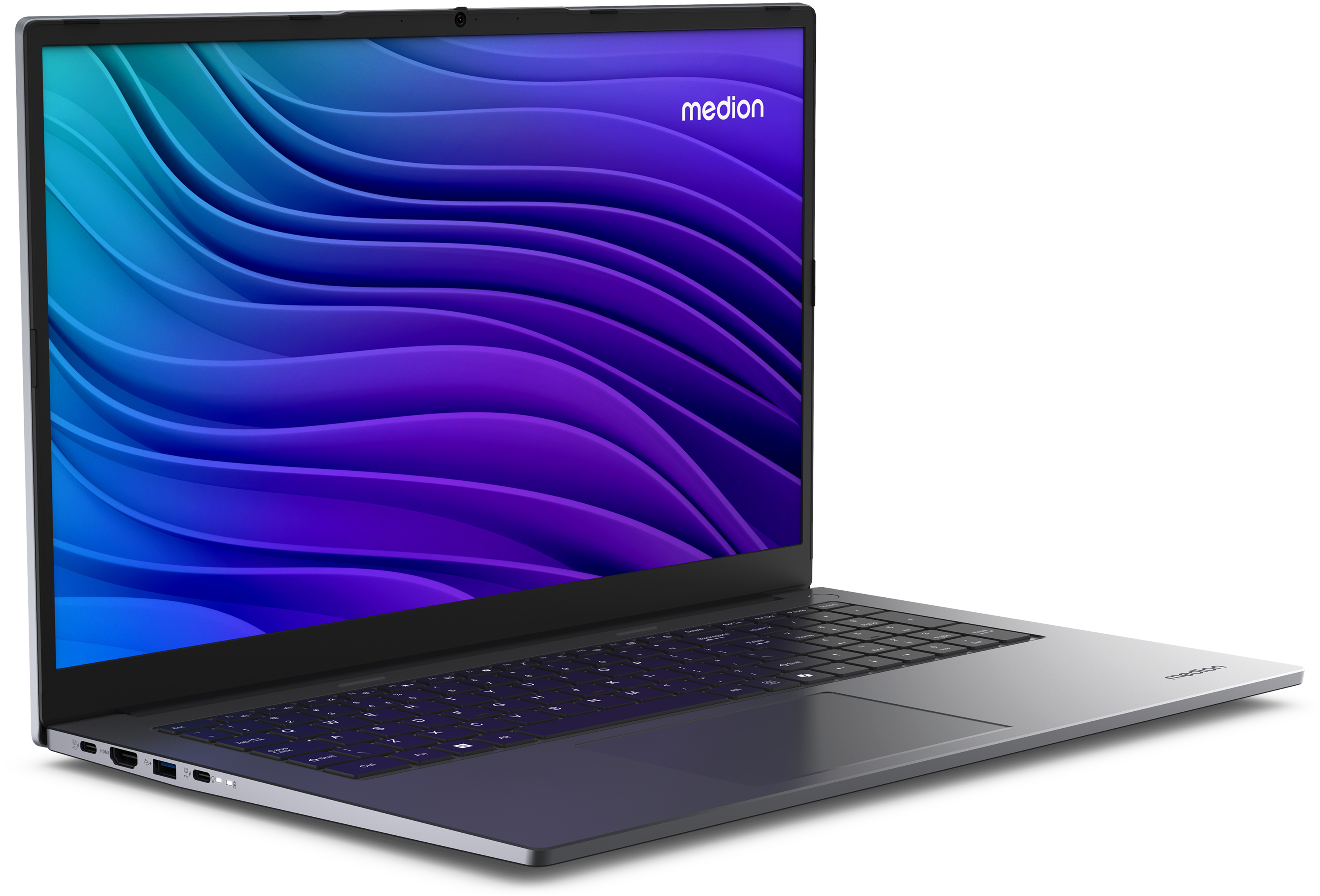 Geöffneter Laptop mit dunkelblauer Tastatur und einem Bildschirm mit wellenförmigem Design, Medion-Logo.