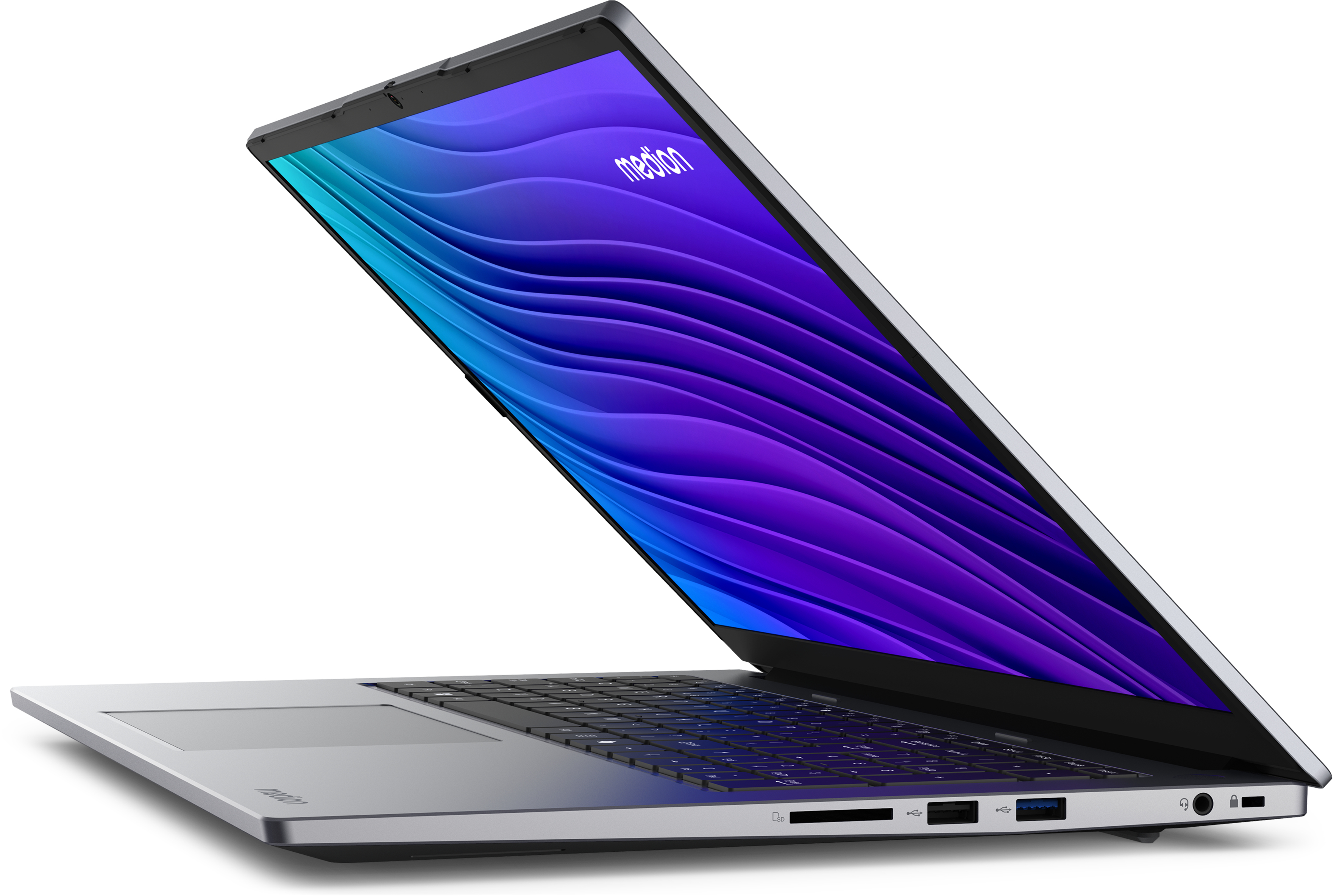 Silberner Laptop mit offenem Bildschirm, der ein abstraktes lila und blaues Design zeigt, vor weißem Hintergrund.