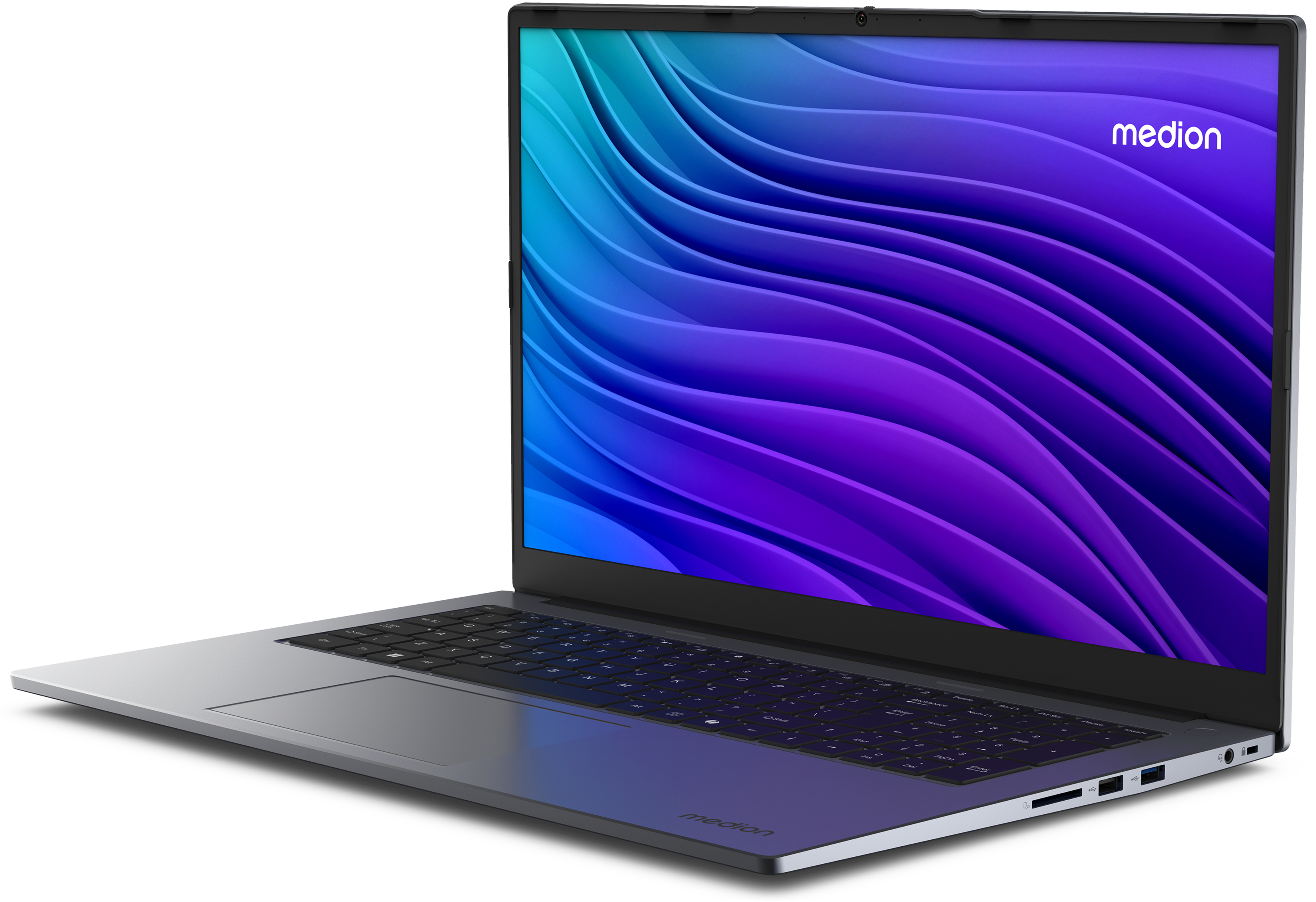Medion Laptop mit buntem, wellenförmigem Hintergrund auf dem Bildschirm.