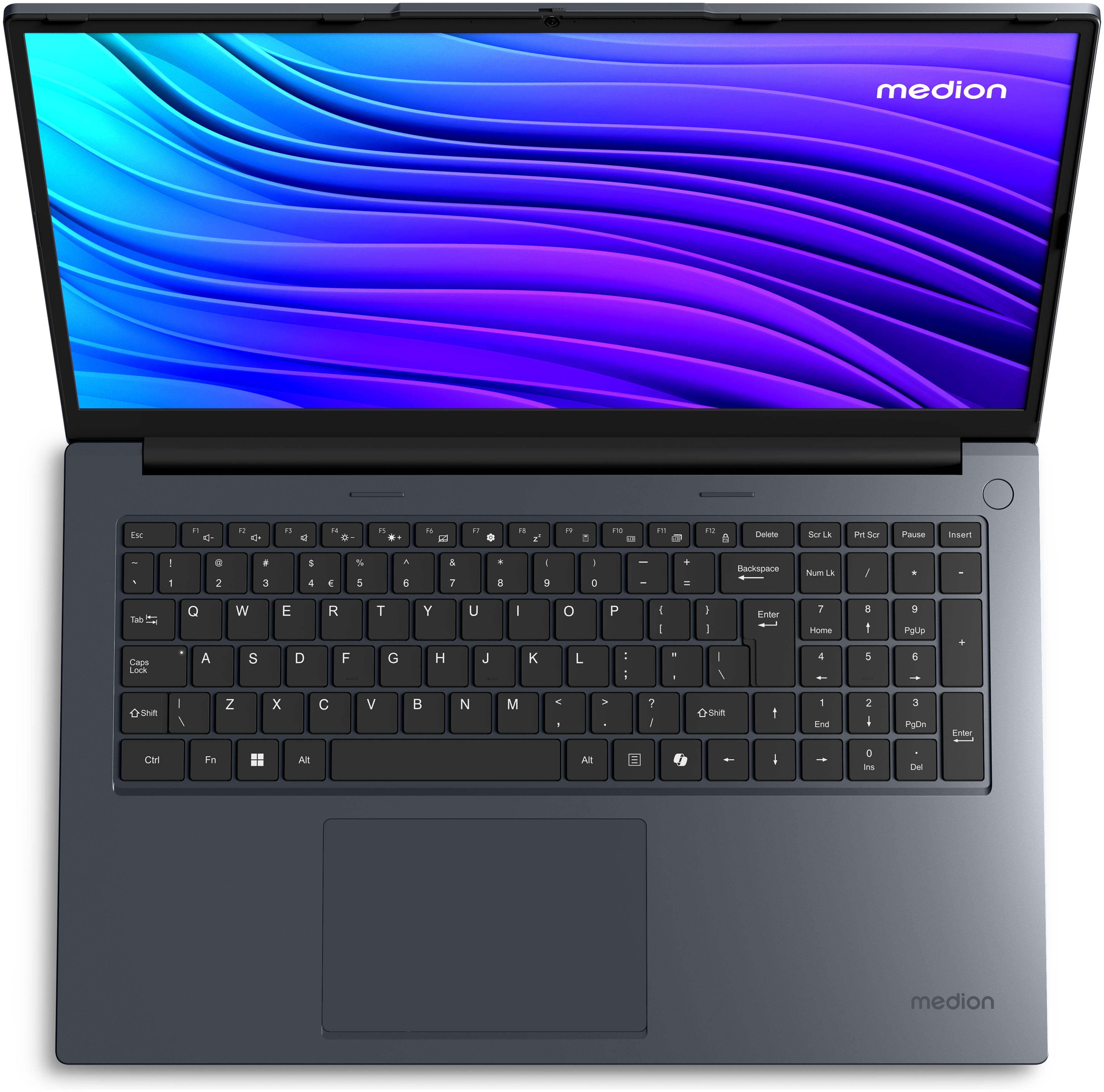 Geöffneter Laptop mit Tastatur. Bildschirm zeigt Farbverlauf. Medion-Logo sichtbar.
