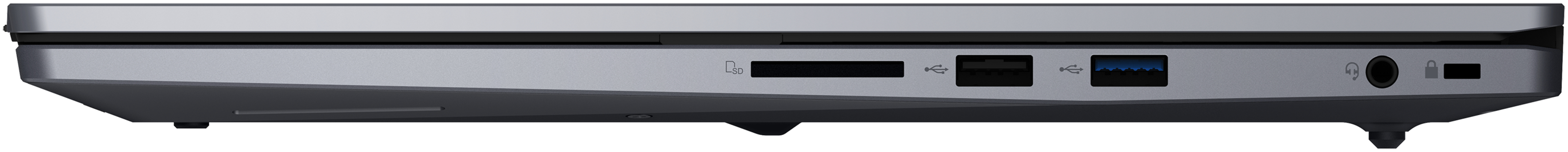 Laptop-Unterseite. Anschlüsse: SD-Kartenleser, USB und Audioanschluss. Graue Farbe.