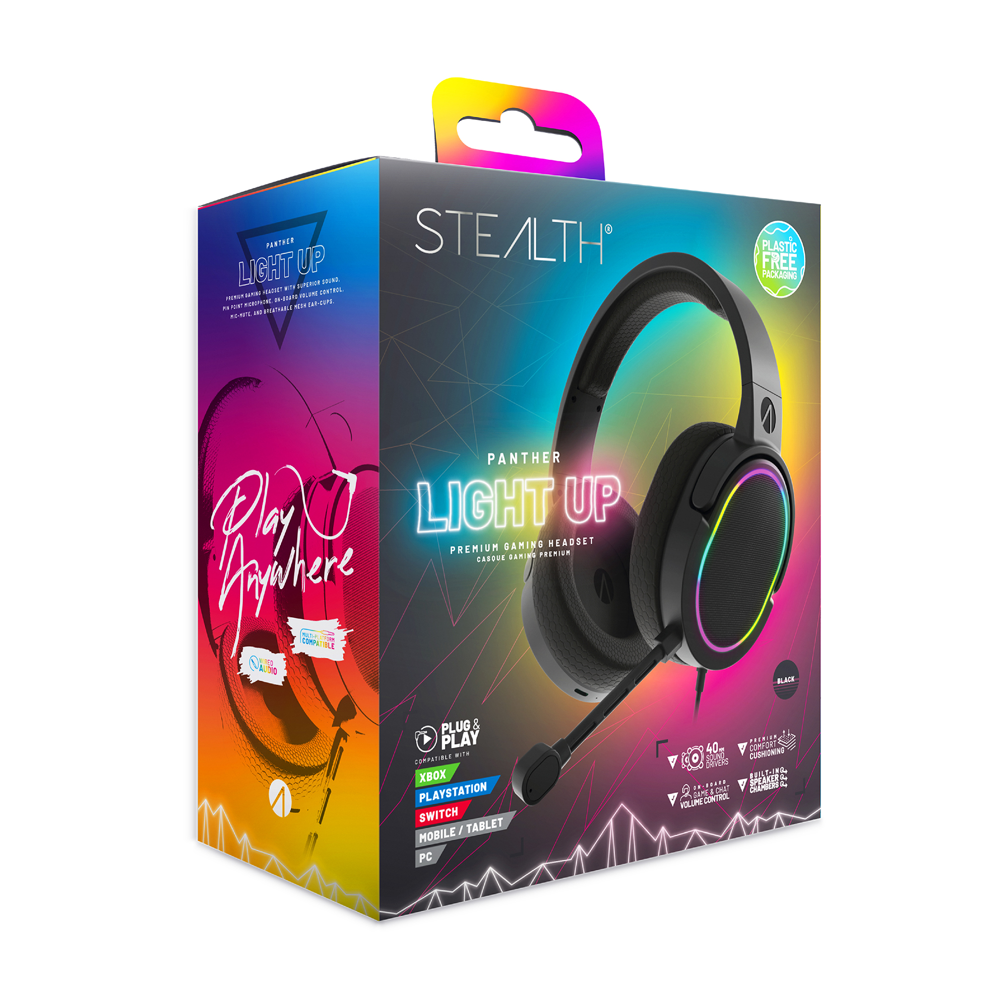 Ein schwarzes Gaming-Headset in einer Box mit farbenfrohen Grafiken und dem Wort 'STEALTH'.
