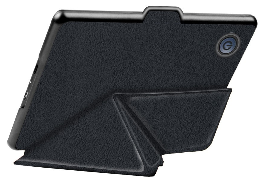 Fekete tablet fekete tokban, ferdén feltámasztva. A kamera a hátoldalon látható.