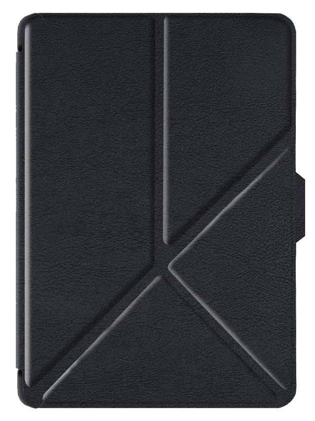 Sötétkék bőr tablet tok. Összehajtott dizájn, átlós vonalakkal. Fekete háttér.