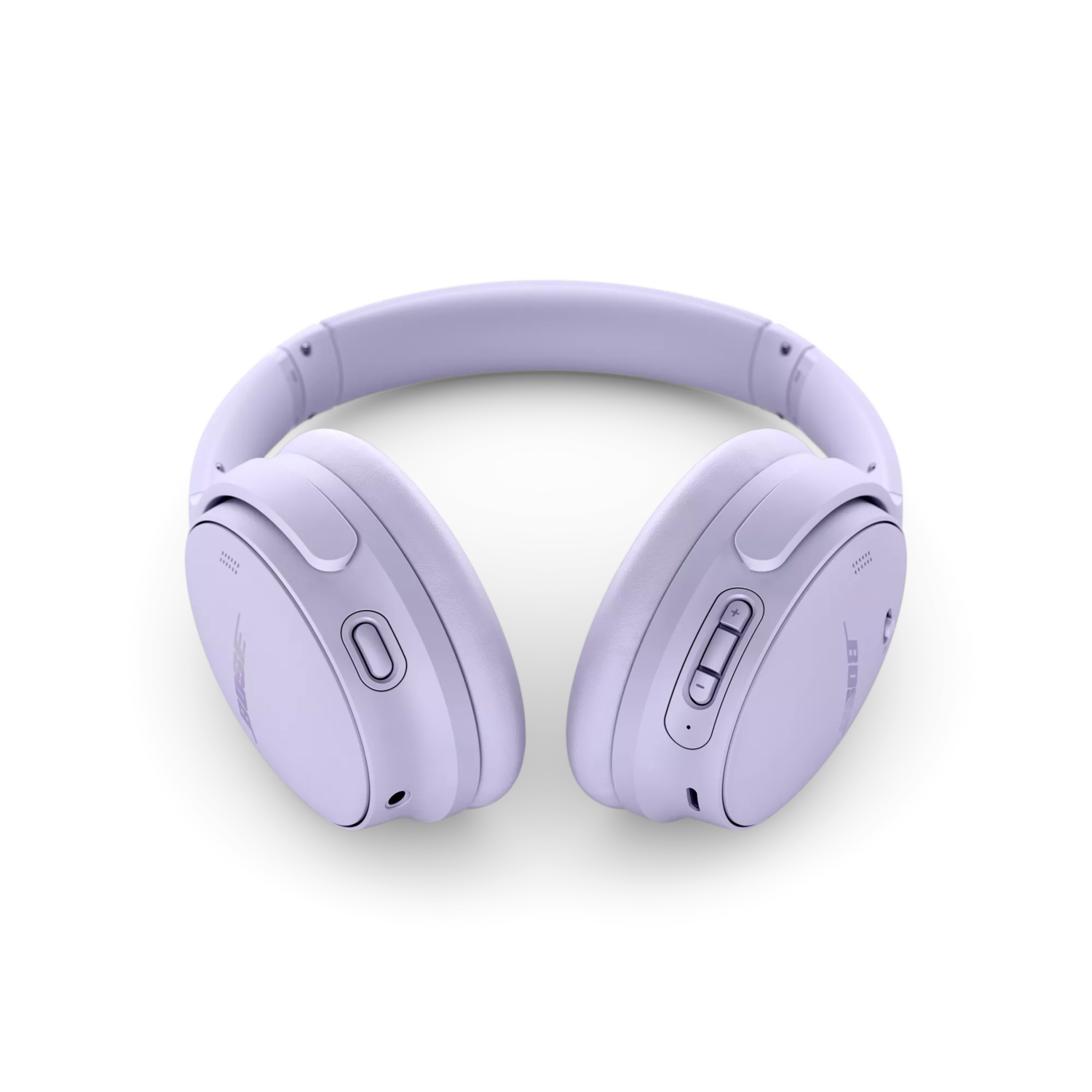 A pair of light purple Bose headphones on a black background, viewed from above.