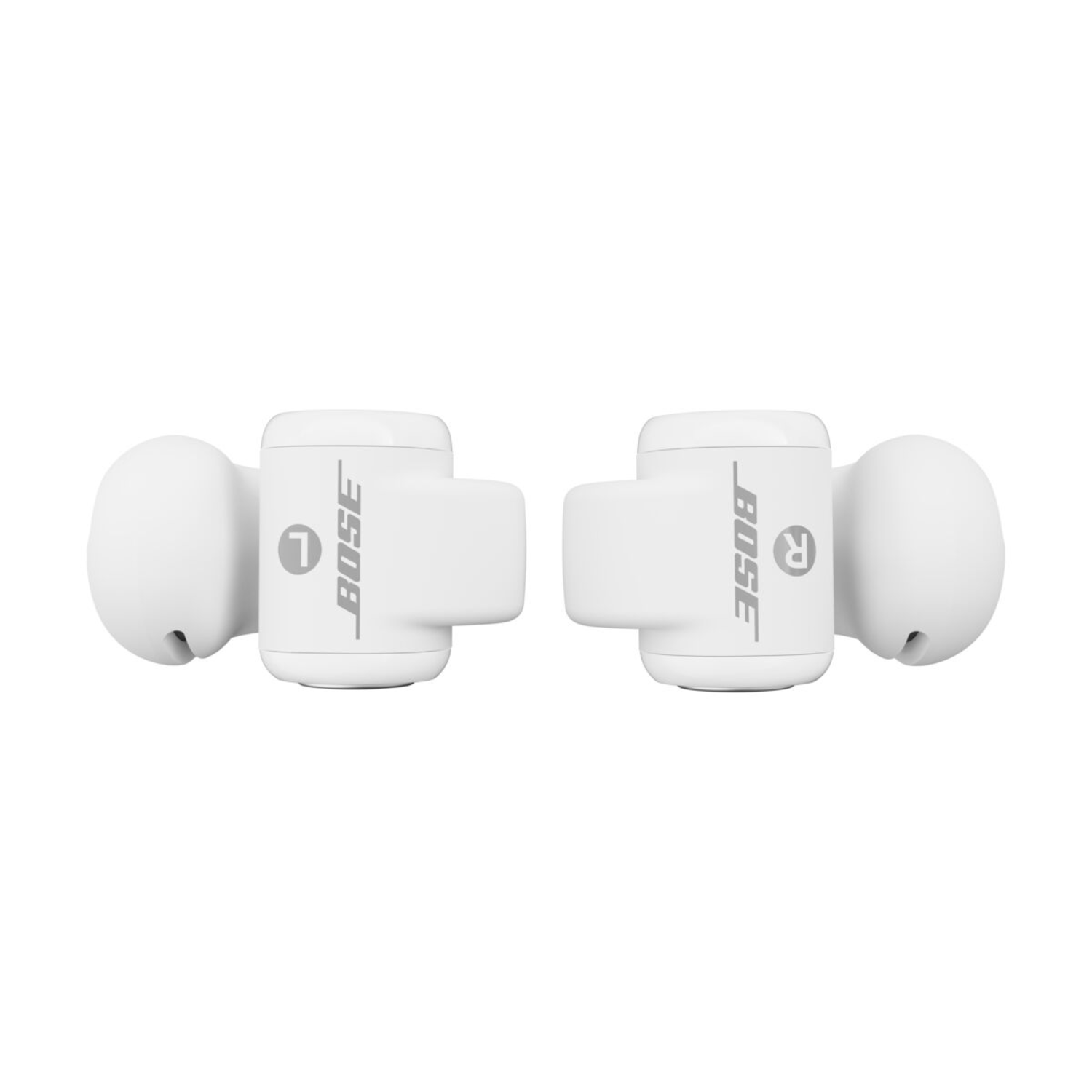 White Bose earbuds, seen from above, with the Bose logo and the left/right markings.