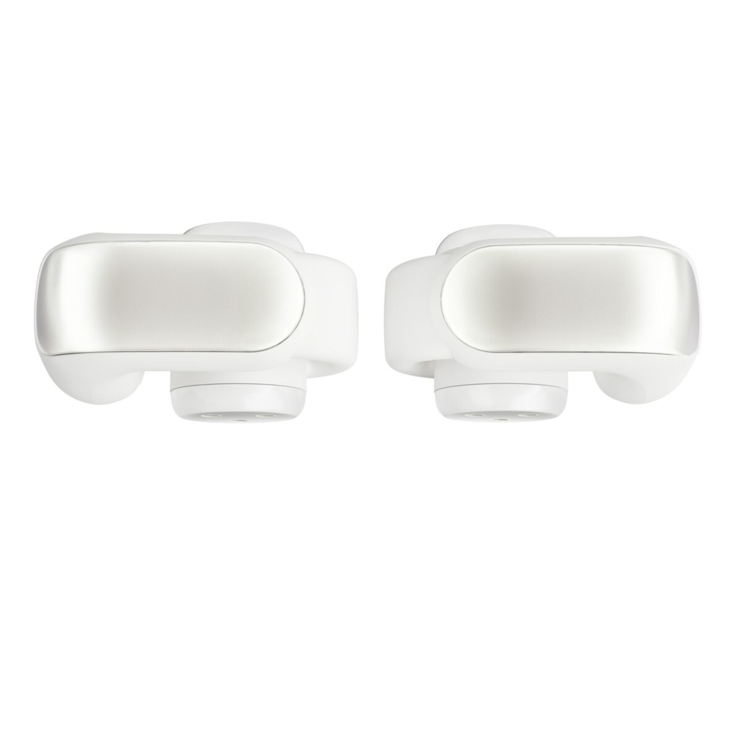Two white earbuds with silver accents, seen from the bottom, isolated on a white background.