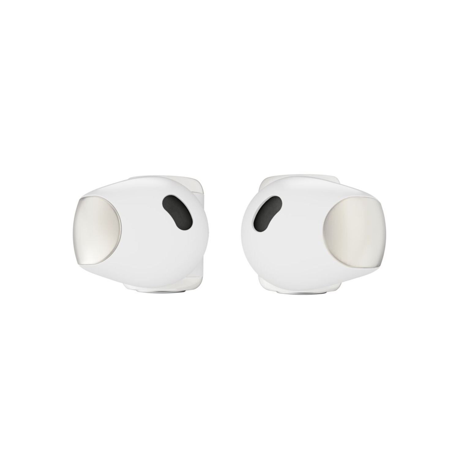 Two white wireless earbuds, angled towards each other, with black inner details.
