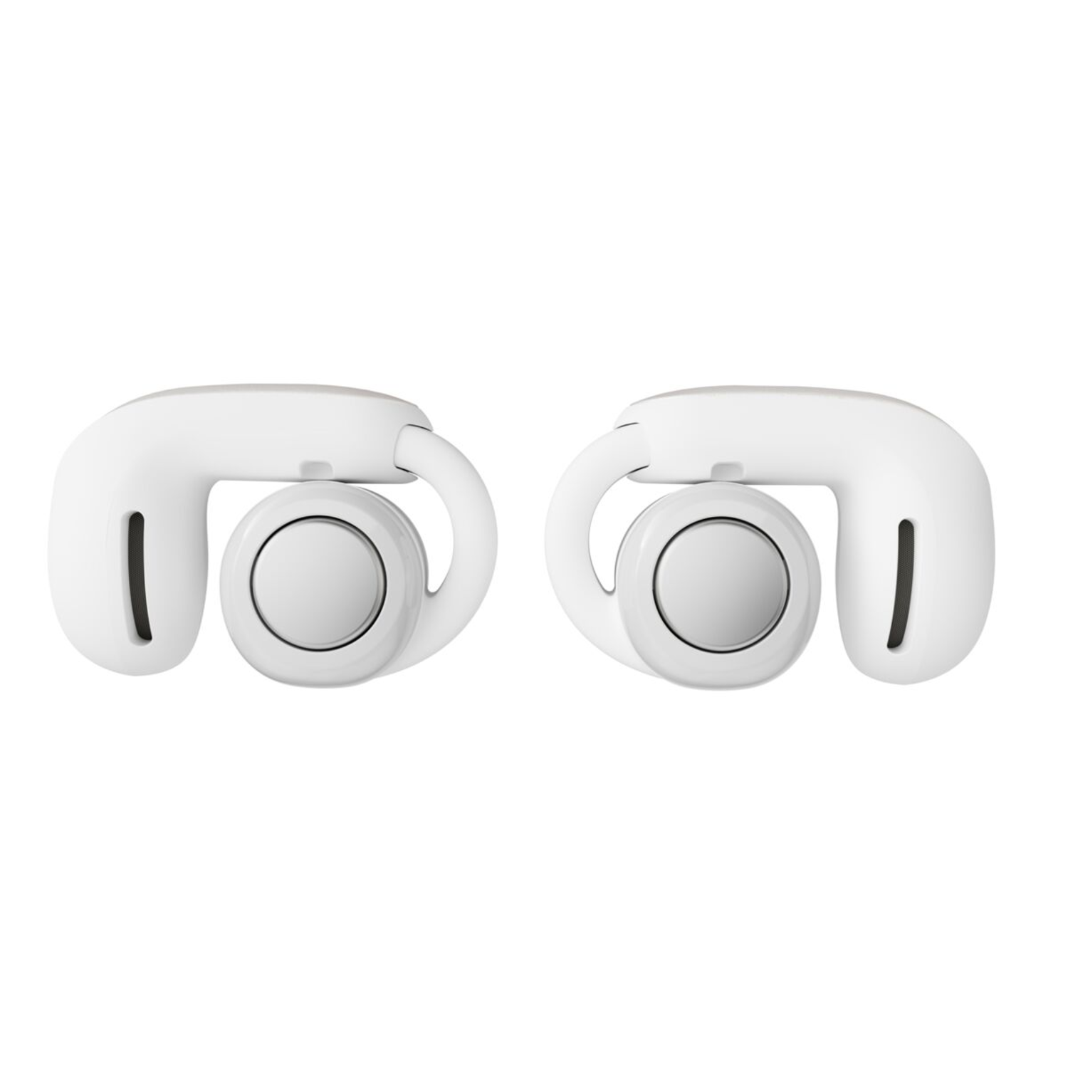 Two white, ear-hook style earbuds.