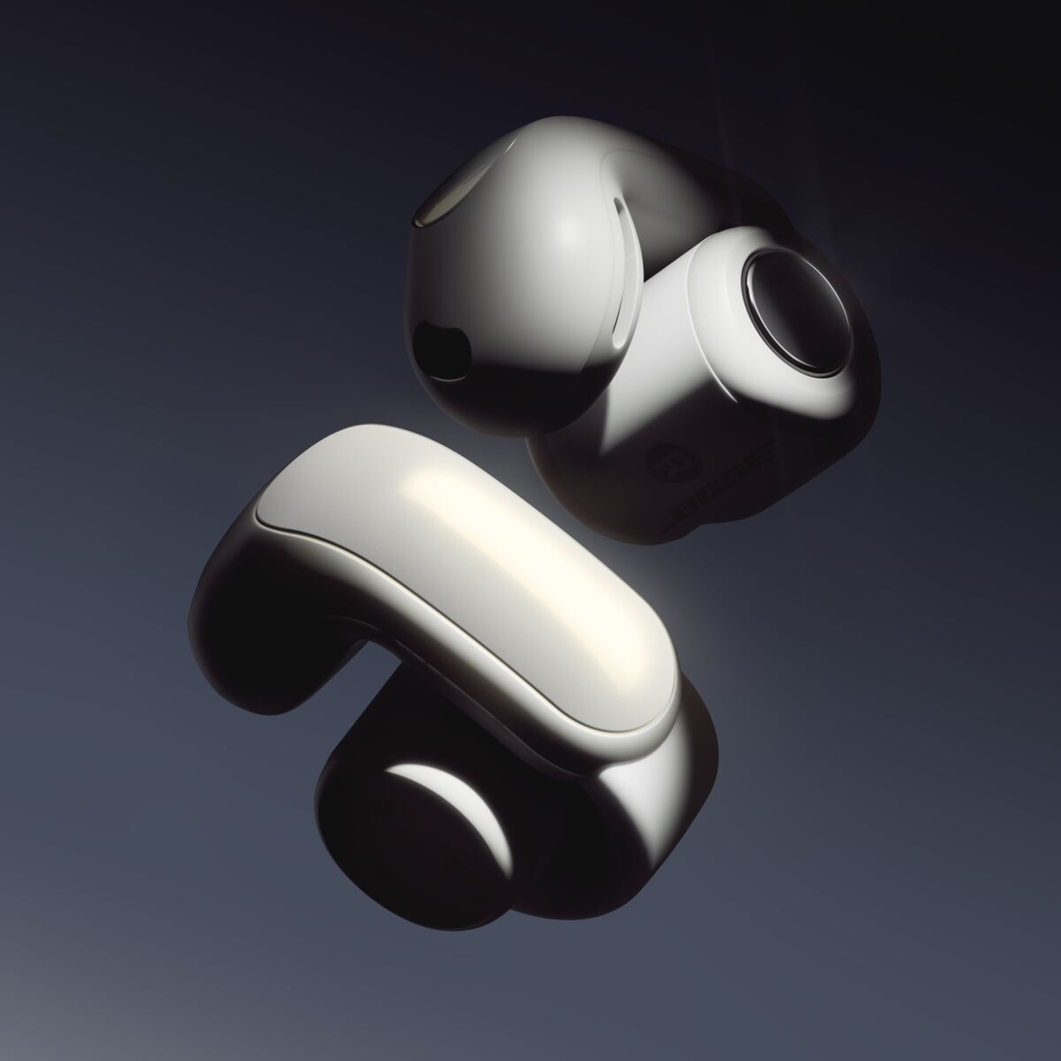 White earbuds floating in the air. Light is shining on the buds, creating shadows. 